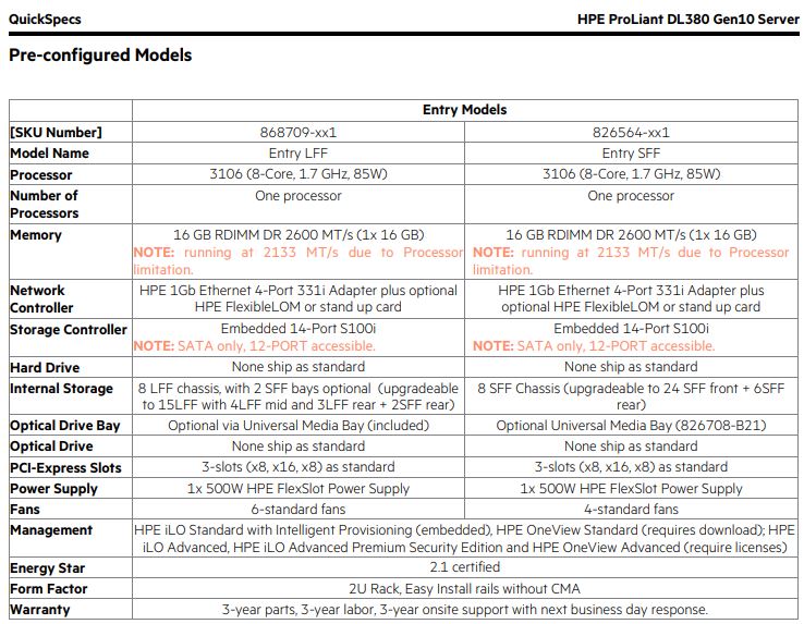 HPE ProLiant DL385 Gen10 QuickSpecs Entry Configurations
