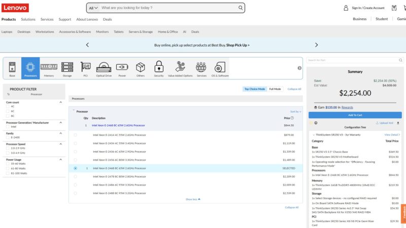 Lenovo ThinkSystem R250 V3 Configurator Processors 2025 02 17